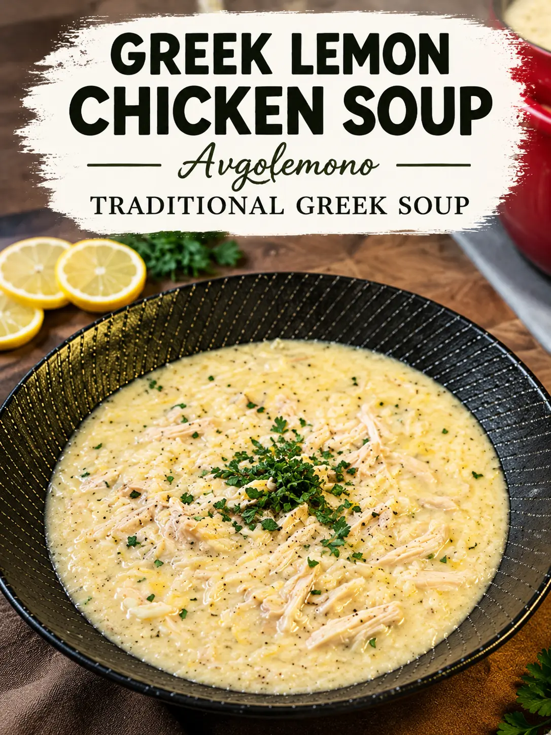 Greek Lemon Chicken Soup (Easy Creamy Avgolemono) 5 Greek Lemon Chicken Soup recipe card pic