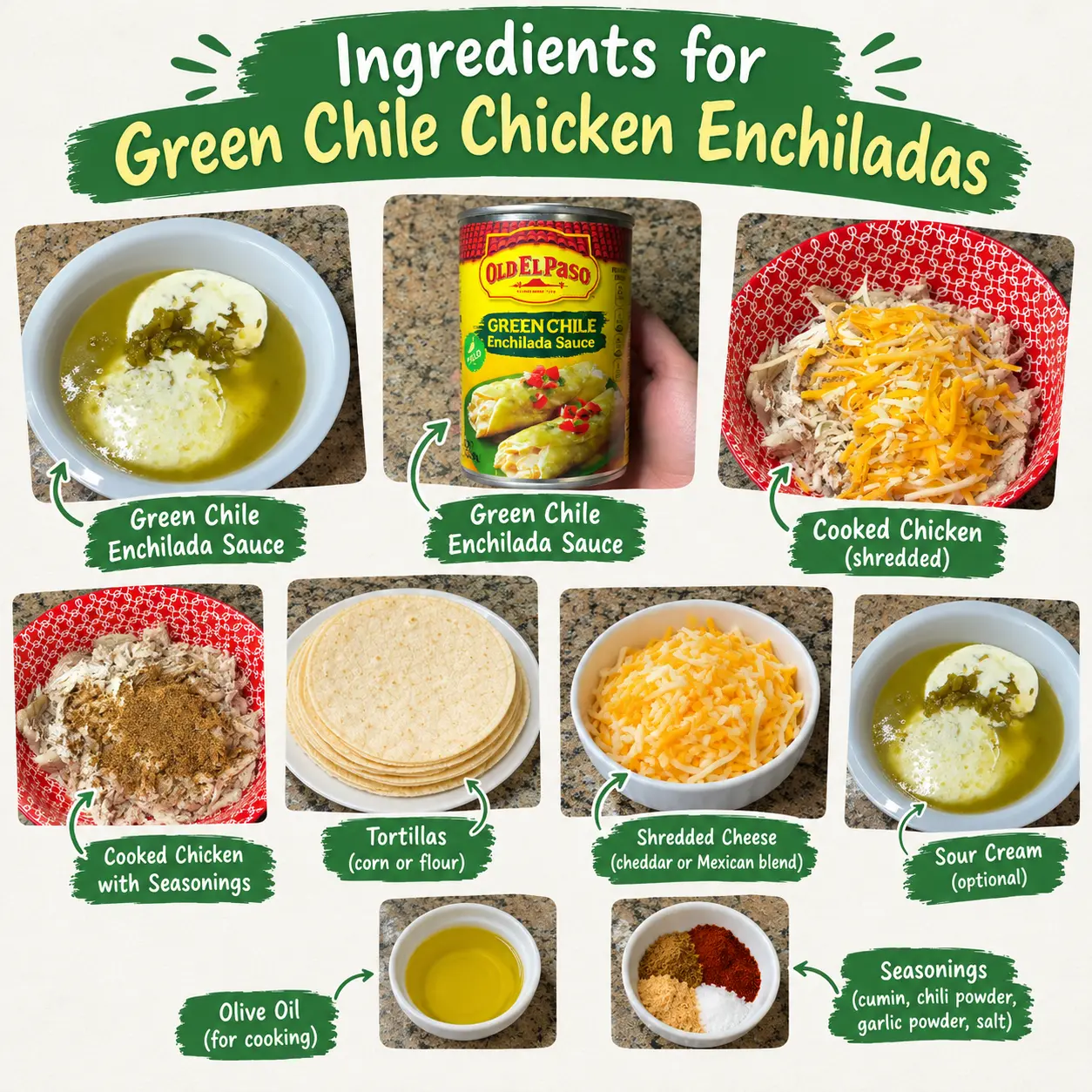 Green Chile Chicken Enchiladas – Easy, Creamy & Cheesy Dinner 1 Ingredients for green chile chicken enchiladas, including shredded chicken, green chiles, enchilada sauce, cheese and flour tortillas